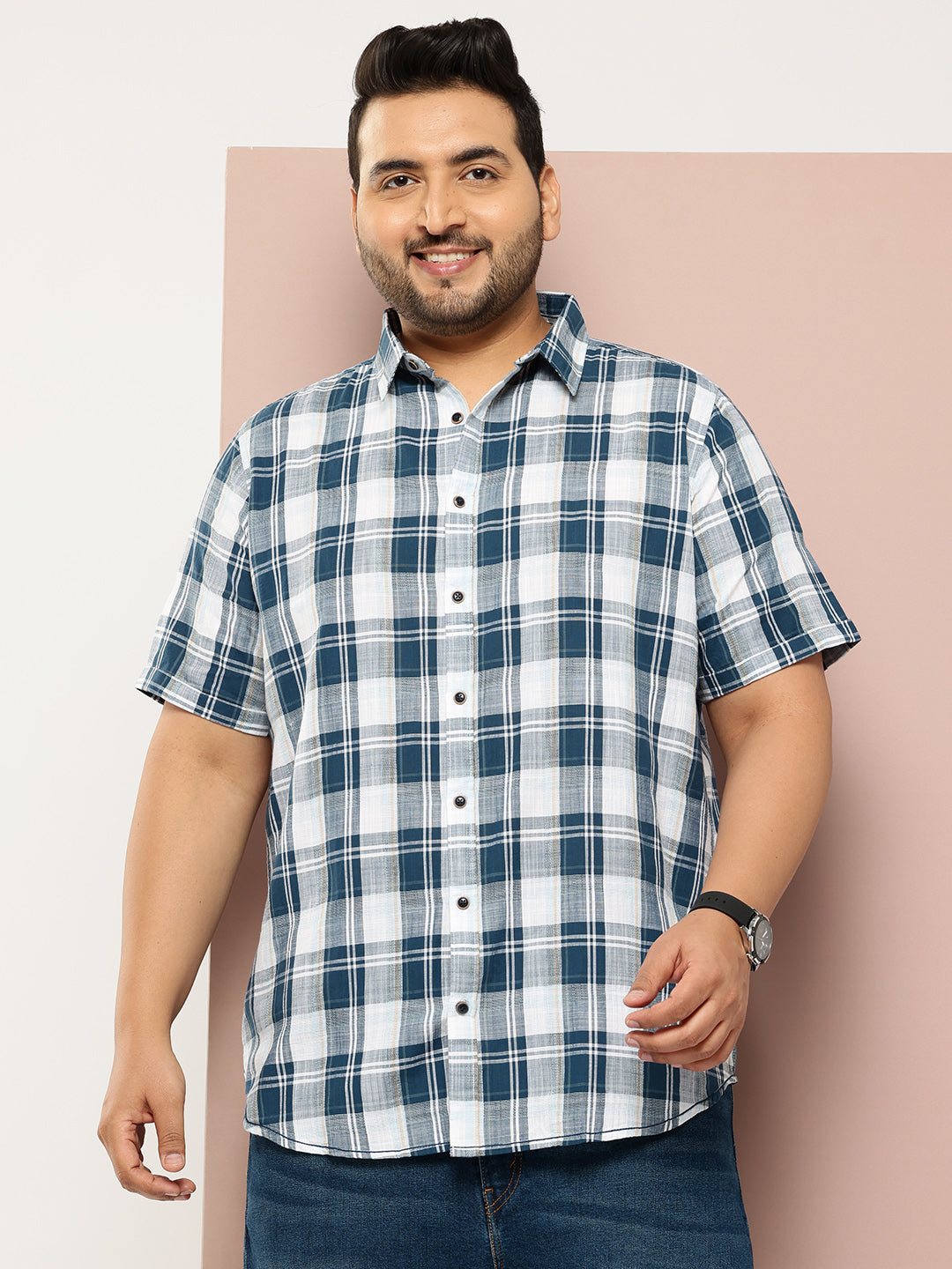 Thomas Scott Men Blue Plus Size Regular Fit Short Sleeves Spread Collar Windowpane Checks Casual Shirt