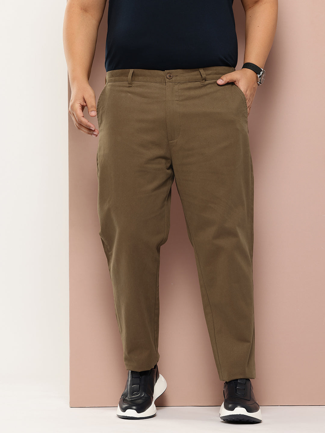 Thomas Scott Men Dark Khaki Plus Size Regular Fit Woven Chinos Trouser