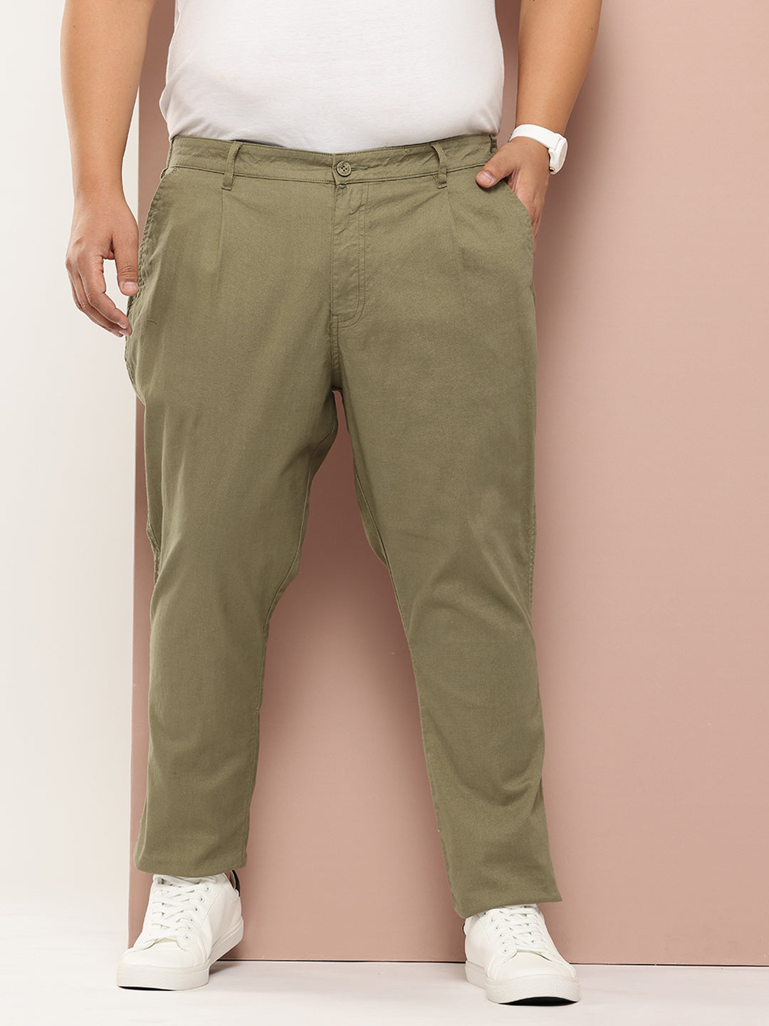 Thomas Scott Men Olive Plus Size Straight Fit Woven Chinos Trouser