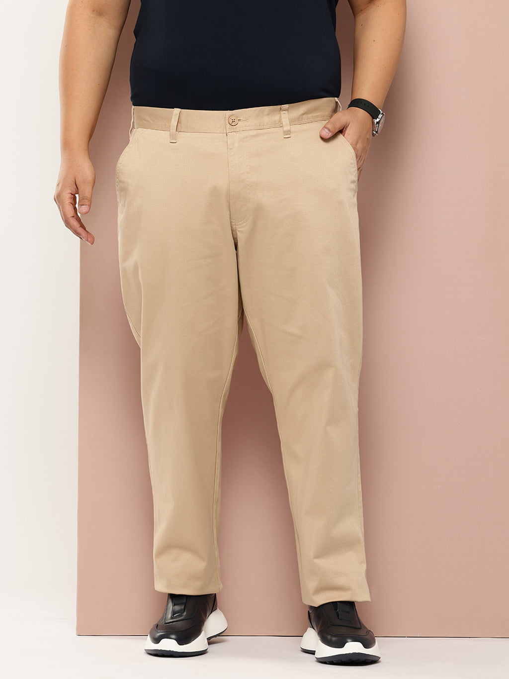 Thomas Scott Men Beige Plus Size Straight Fit Mid-Rise Solid Woven Chinos Trouser
