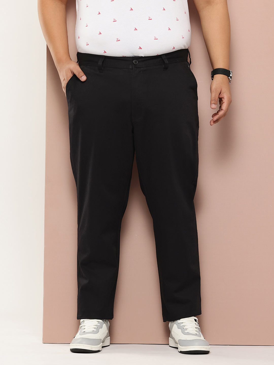 Thomas Scott Men Black Plus Size Straight Fit Mid-Rise Solid Woven Chinos Trouser