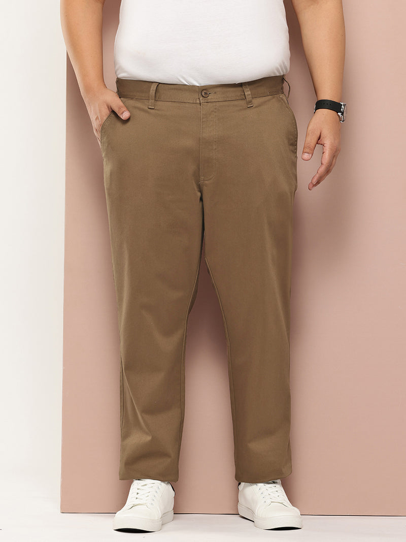 Thomas Scott Men Khaki Plus Size Straight Fit Mid-Rise Solid Woven Chinos Trouser