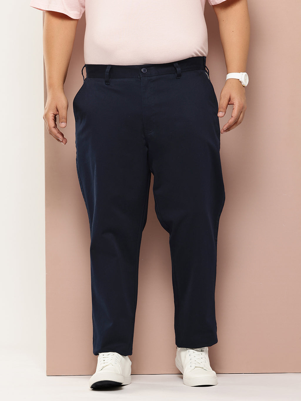 Thomas Scott Men Navy Plus Size Straight Fit Mid-Rise Solid Woven Chinos Trouser