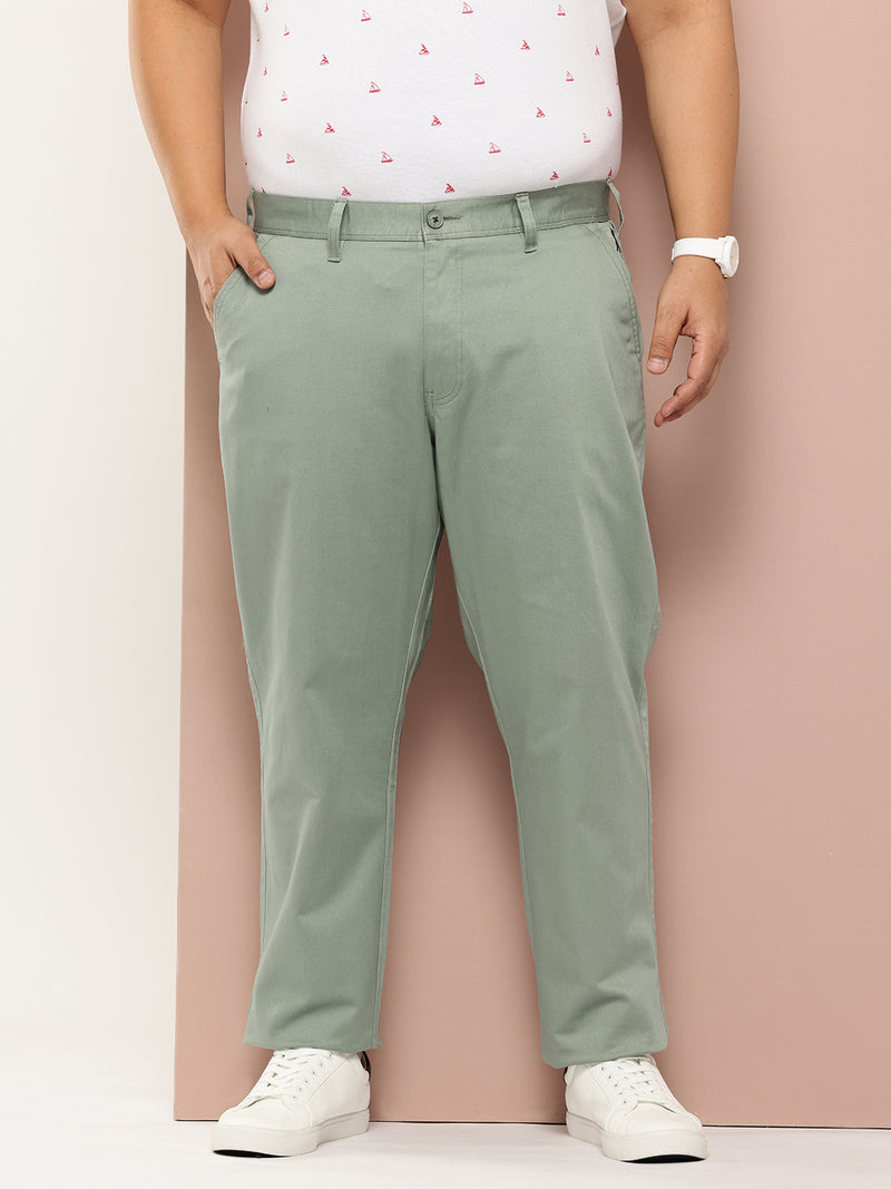Thomas Scott Men Olive Plus Size Straight Fit Mid-Rise Solid Woven Chinos Trouser