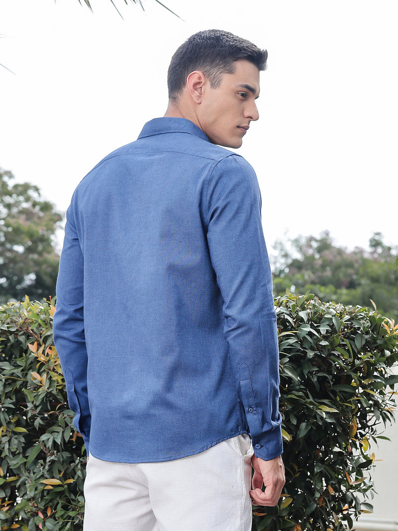 Thomas Scott Men Dark Blue Slim Fit Long Sleeves Spread Collar Solid Cotton Casual Shirt