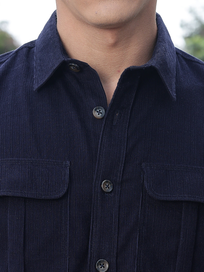 Thomas Scott Men Navy Slim Fit Long Sleeves Corduroy Casual Shirt