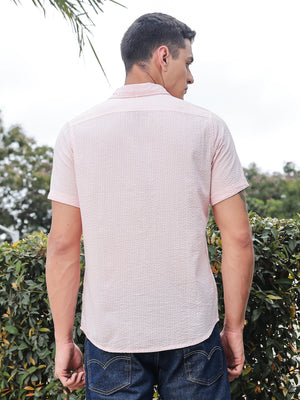Thomas Scott Men Pink Slim Fit Short Sleeves Spread Collar Seer Sucker Casual Shirt