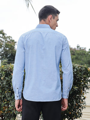 Thomas Scott Men Mid Blue Slim Fit Long Sleeves Spread Collar Filafil Casual Shirt