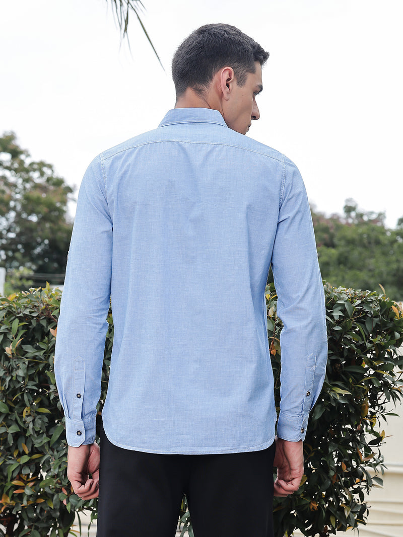 Thomas Scott Men Mid Blue Slim Fit Long Sleeves Spread Collar Filafil Casual Shirt