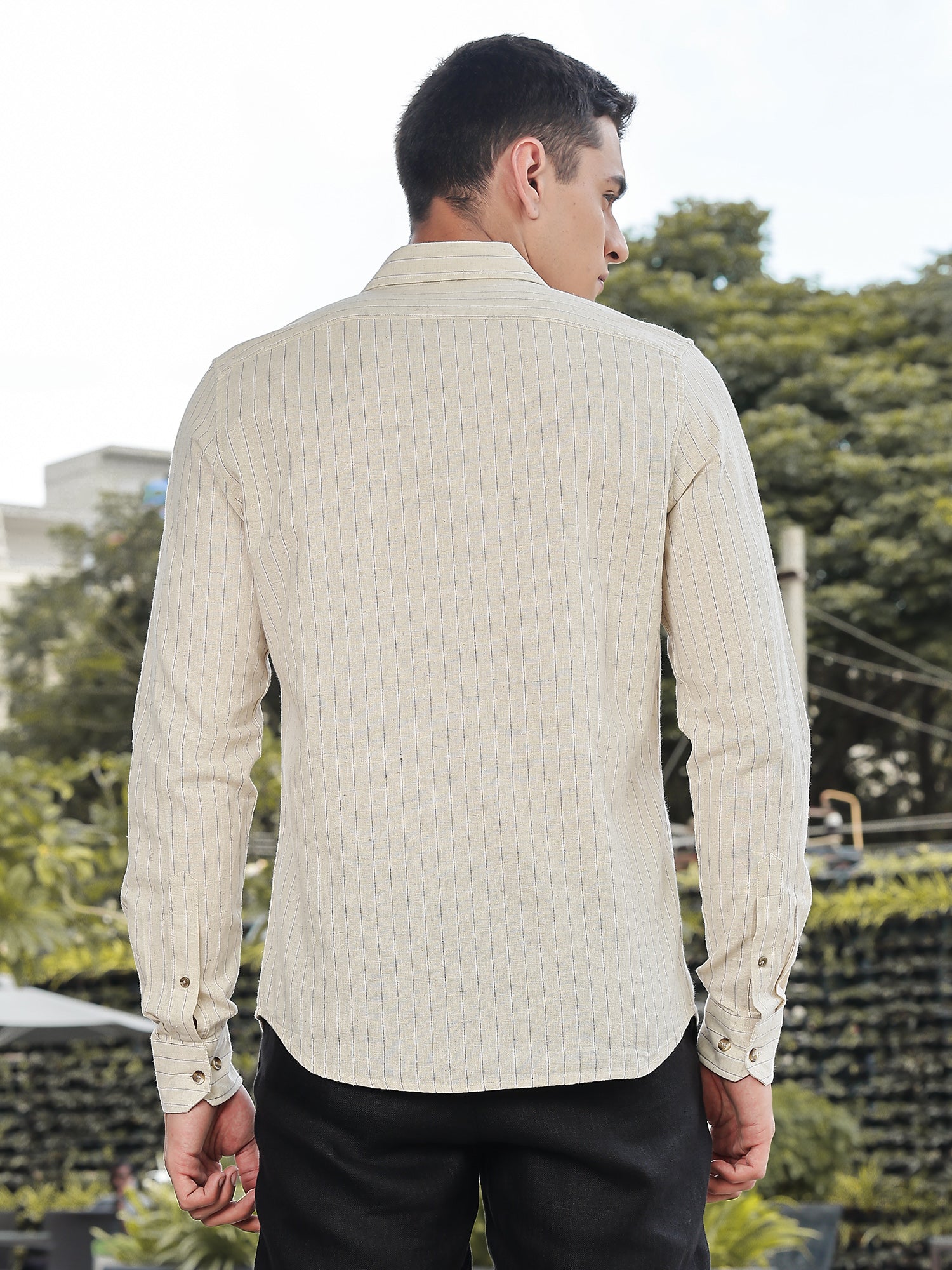 Thomas Scott Men Beige Slim Fit Long Sleeves Vertical Stripes Linen Casual Shirt