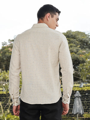 Thomas Scott Men Khaki Slim Fit Long Sleeves Windowpane Checks Linen Casual Shirt