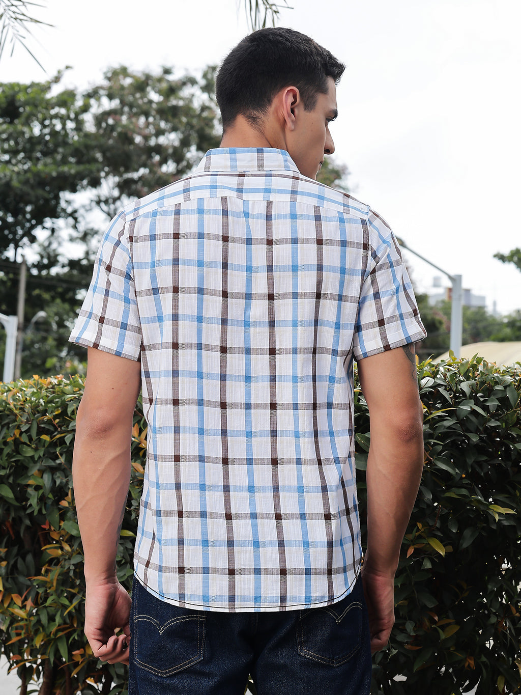 Thomas Scott Men Blue Slim Fit Short Sleeves Spread Collar Tartan Checks Casual Shirt