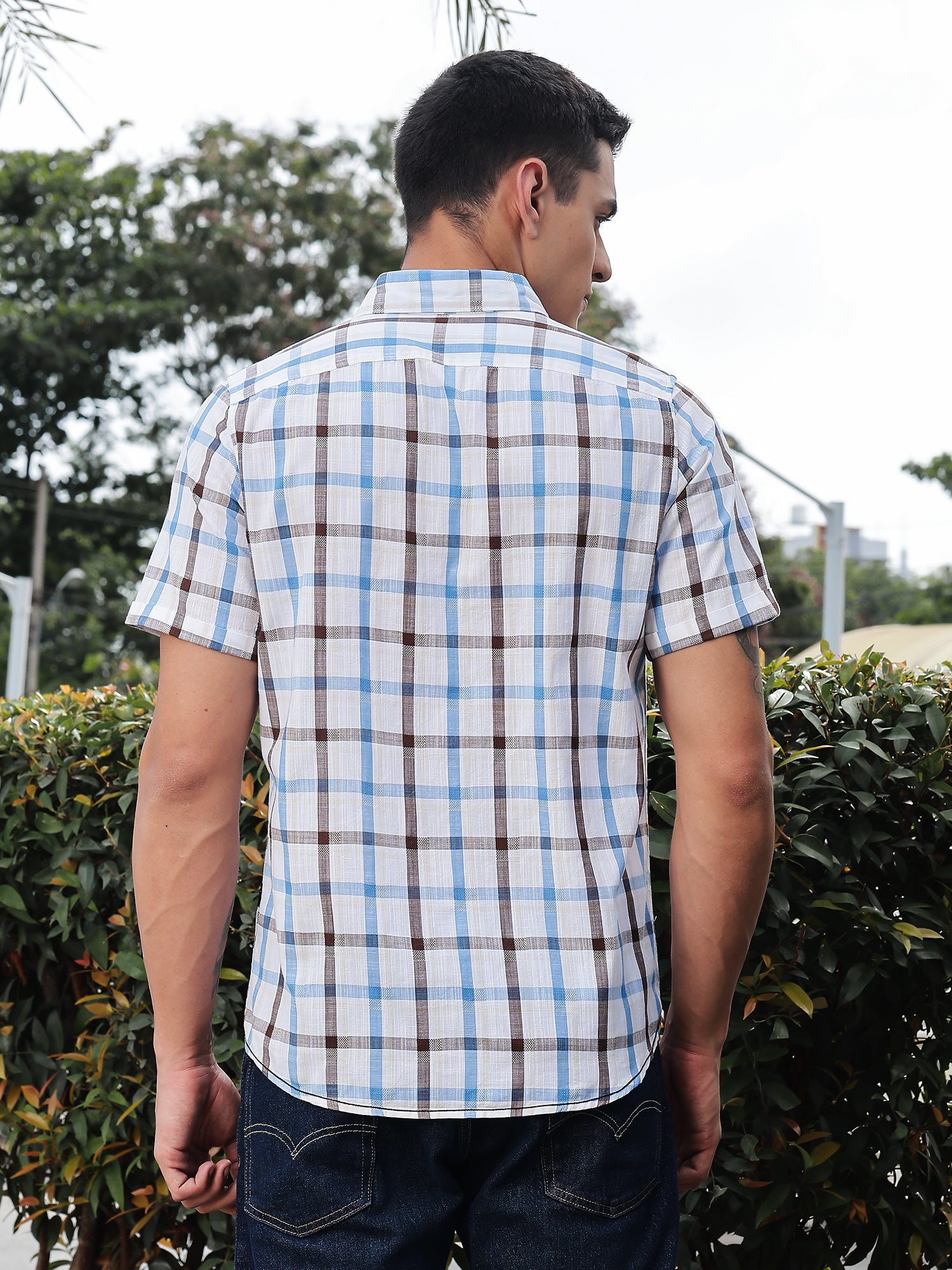 Thomas Scott Men Blue Slim Fit Short Sleeves Spread Collar Tartan Checks Casual Shirt