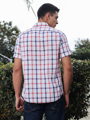 Thomas Scott Men Red Slim Fit Short Sleeves Spread Collar Tartan Checks Casual Shirt