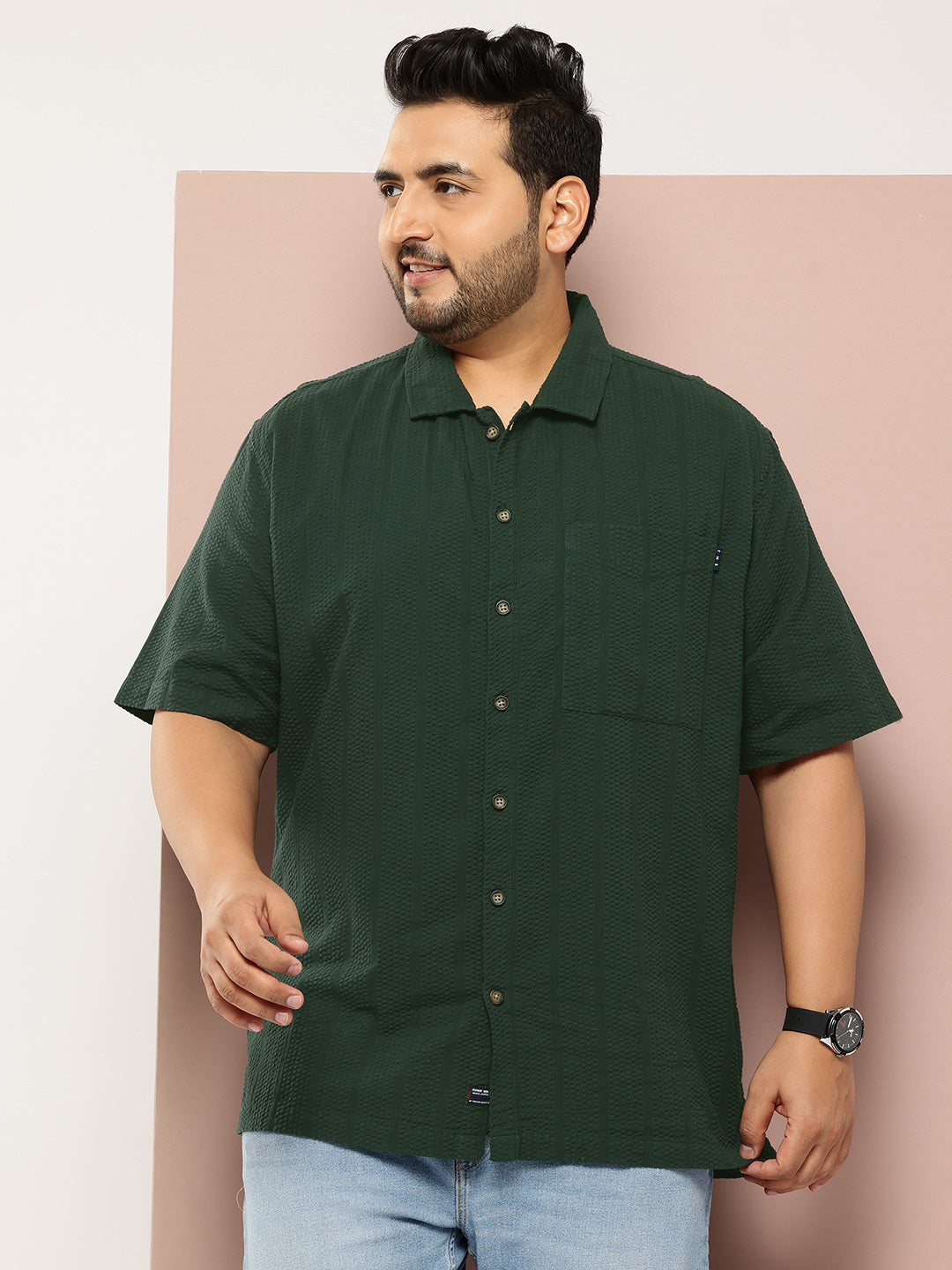 Thomas Scott Men Green Plus Size Regular Fit Short Sleeves Cotton Seersucker Shirt