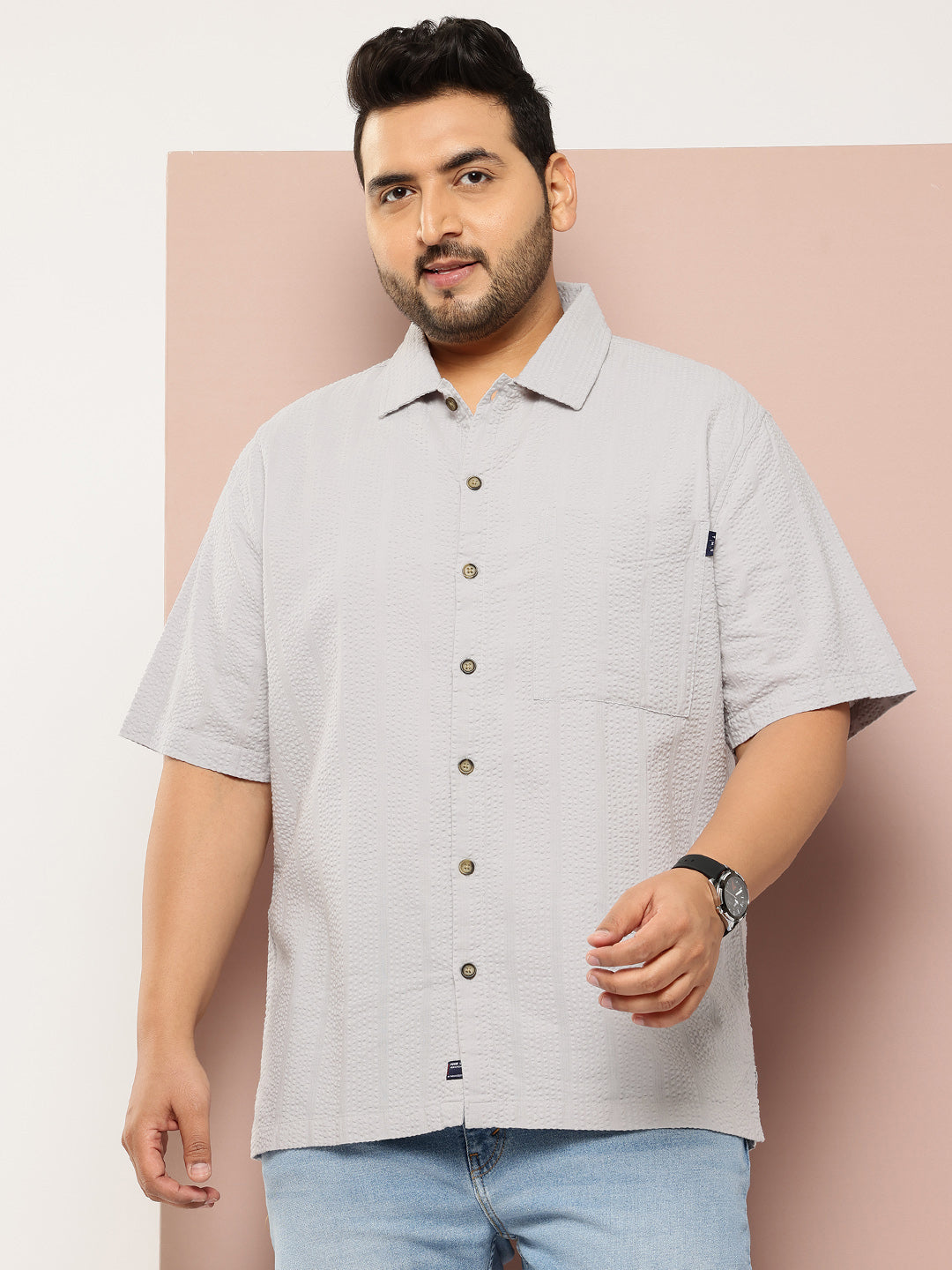 Thomas Scott Men Grey Plus Size Regular Fit Short Sleeves Cotton Seersucker Shirt