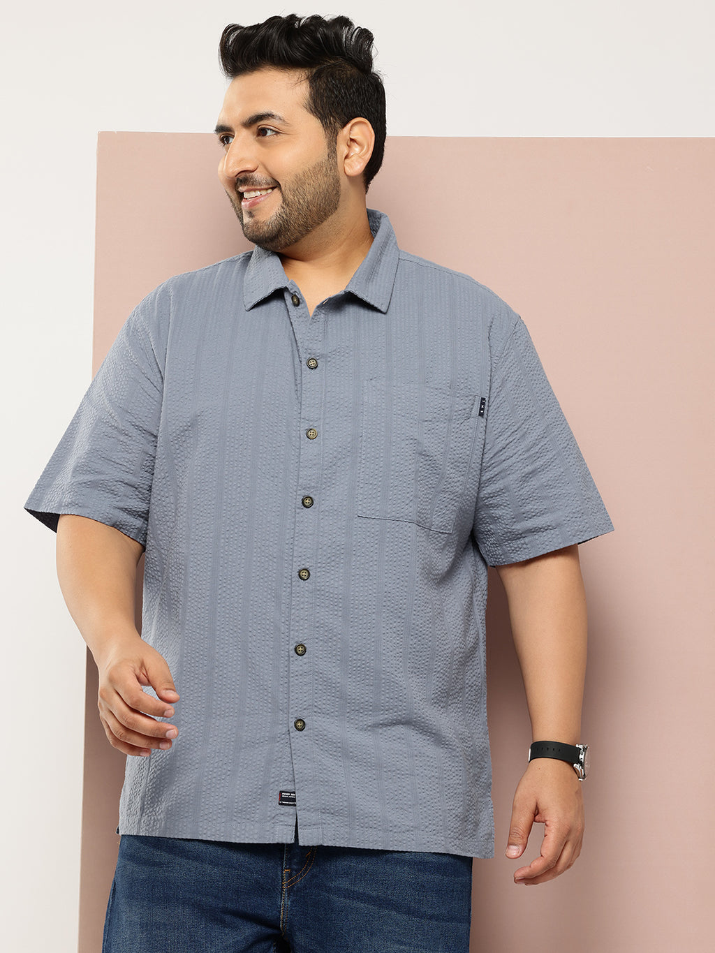 Thomas Scott Men Mid Blue Plus Size Regular Fit Short Sleeves Cotton Seersucker Shirt