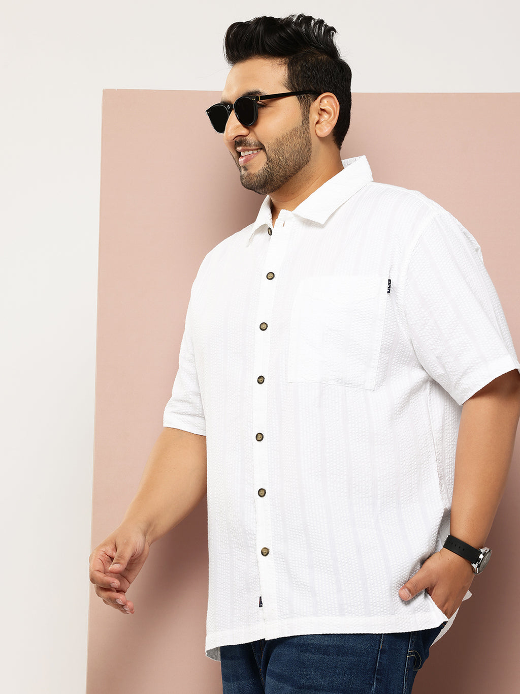 Thomas Scott Men White Plus Size Regular Fit Short Sleeves Cotton Seersucker Shirt