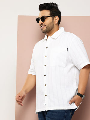 White Plus Size Regular Fit Short Sleeves Cotton Seersucker Shirt For Men