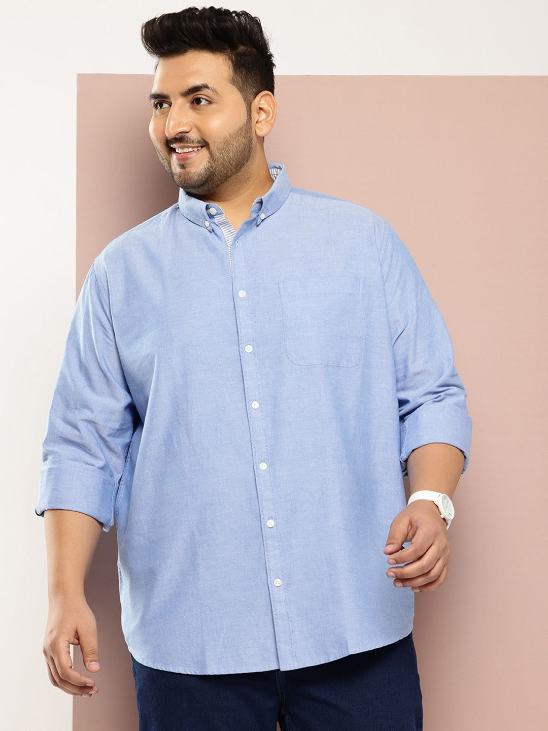 Thomas Scott Men Blue Plus Size Regular Fit Long Sleeves Button-Down Collar Cotton Casual Shirt