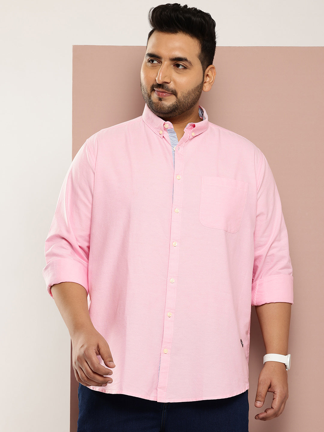 Thomas Scott Men Pink Plus Size Regular Fit Long Sleeves Button-Down Collar Cotton Casual Shirt