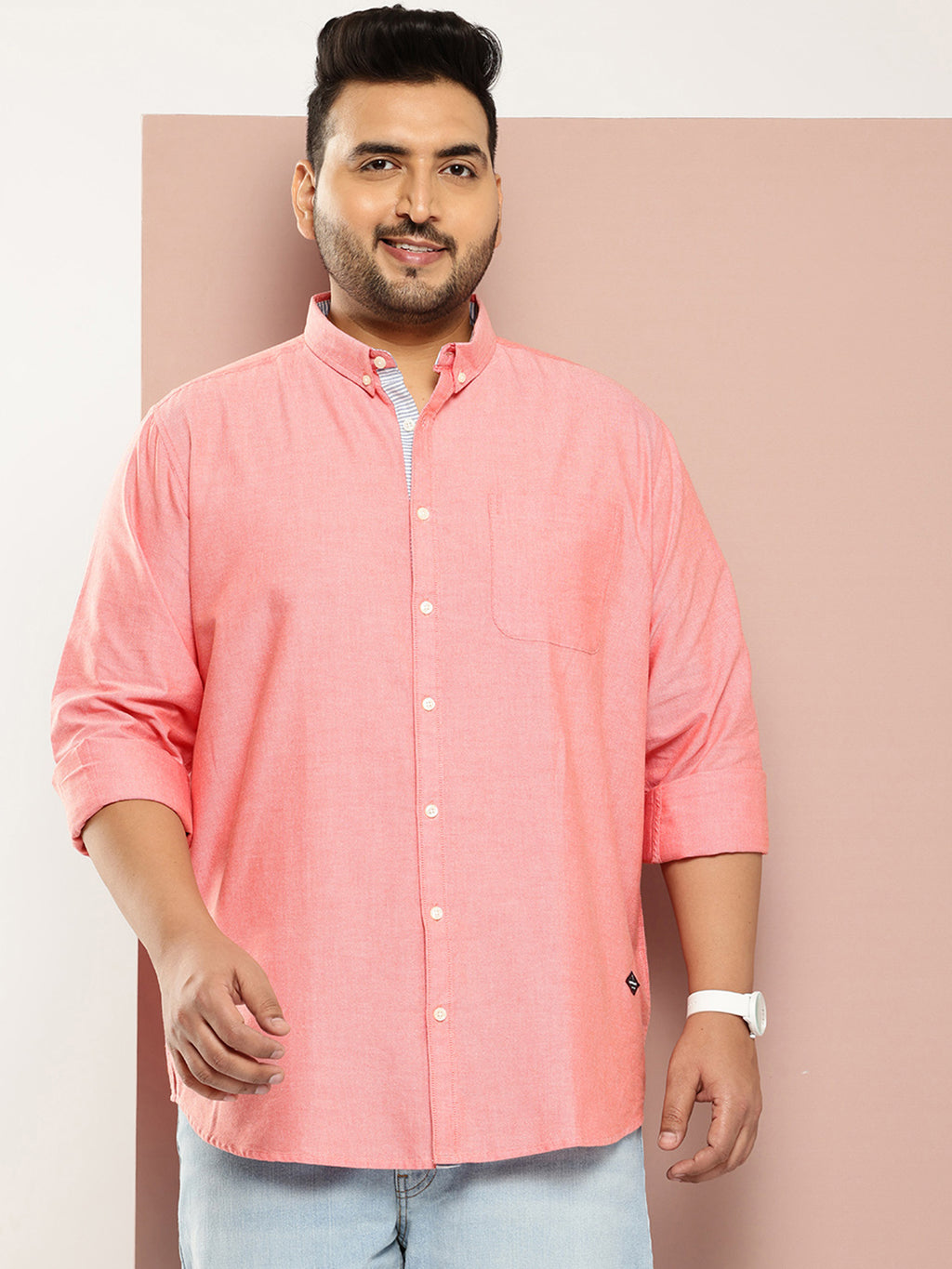 Red Plus Size Regular Fit Long Sleeves Button-Down Collar Cotton Casual Shirt For Men