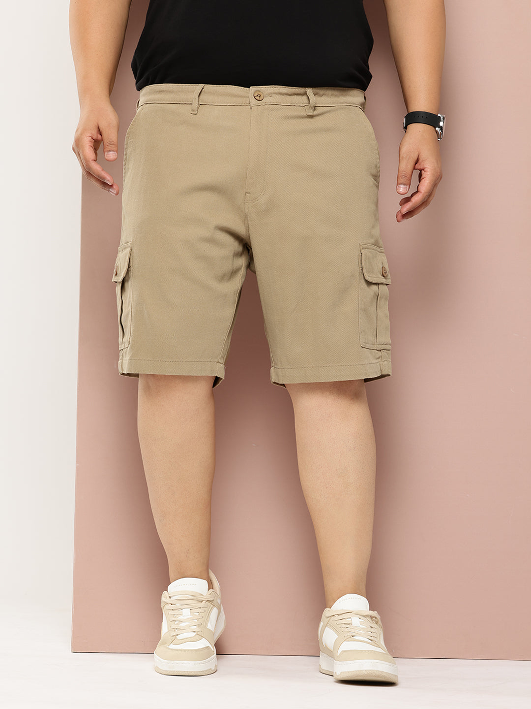 Thomas Scott Men Beige Plus Size Regular Fit Mid-Rise Woven Cargo Shorts