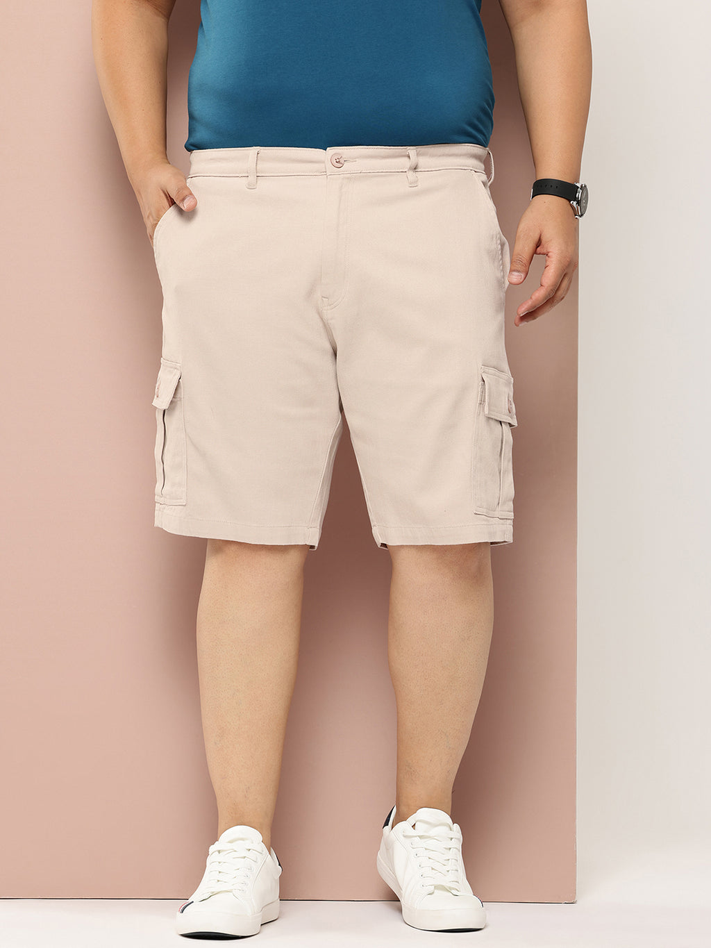 Thomas Scott Men Cream Plus Size Regular Fit Mid-Rise Woven Cargo Shorts