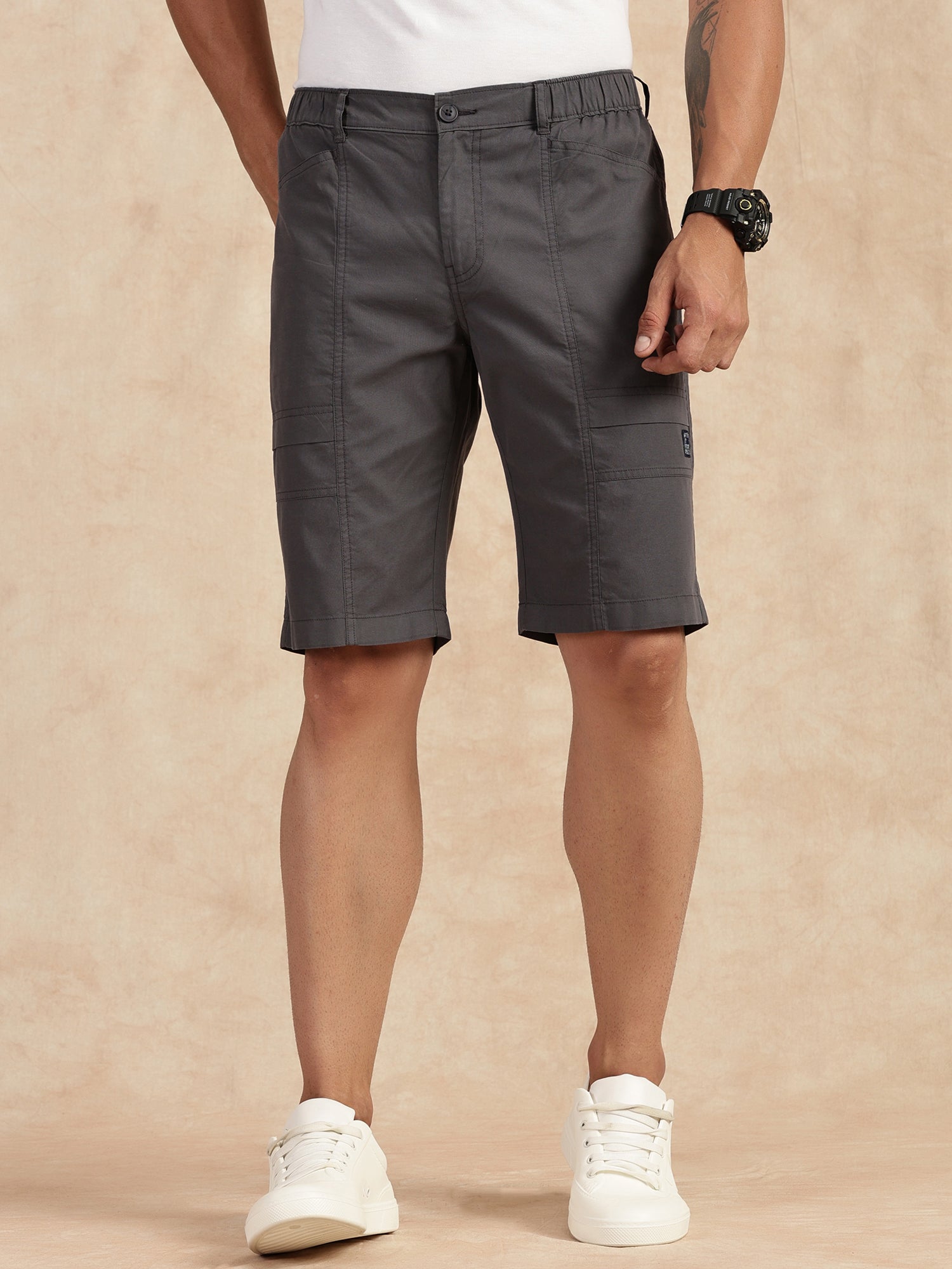 Thomas Scott Men Grey Regular Fit Mid Rise Pure Cotton Shorts