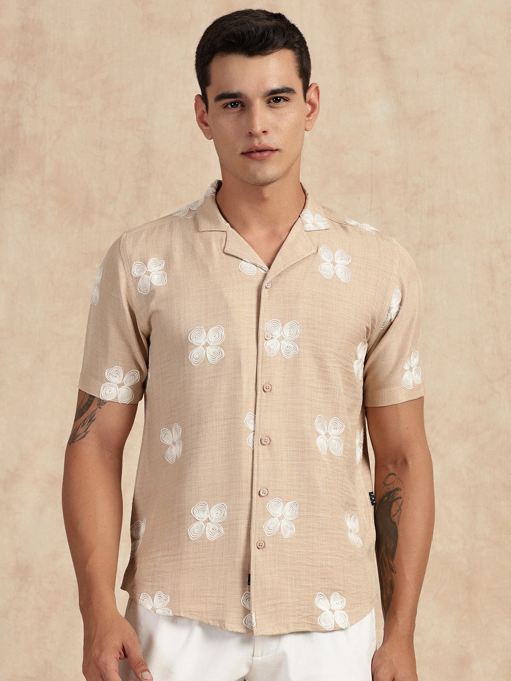Thomas Scott Men Beige Regular Fit Short Sleeves Cuban Collar Embroidered Shirt