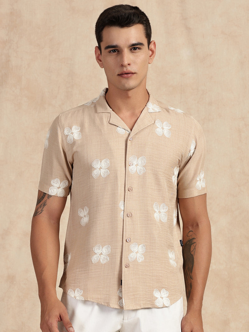 Thomas Scott Men Beige Regular Fit Short Sleeves Cuban Collar Embroidered Shirt