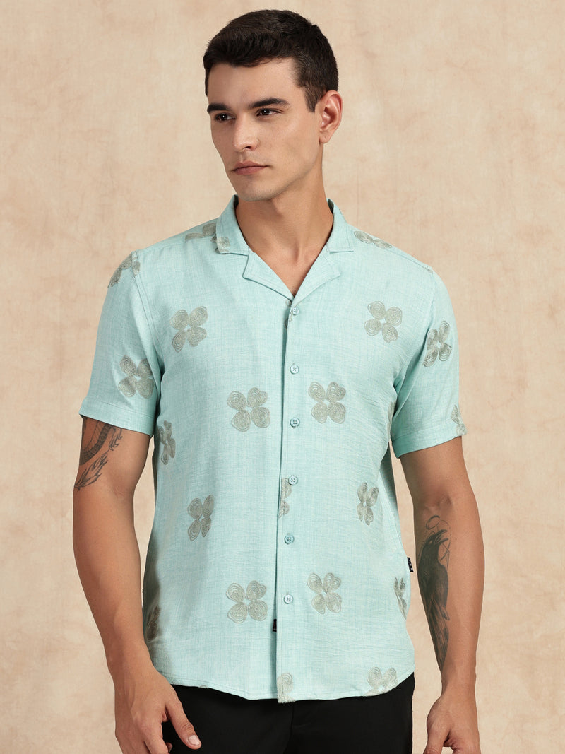 Thomas Scott Men Sky Blue Regular Fit Short Sleeves Cuban Collar Embroidered Shirt