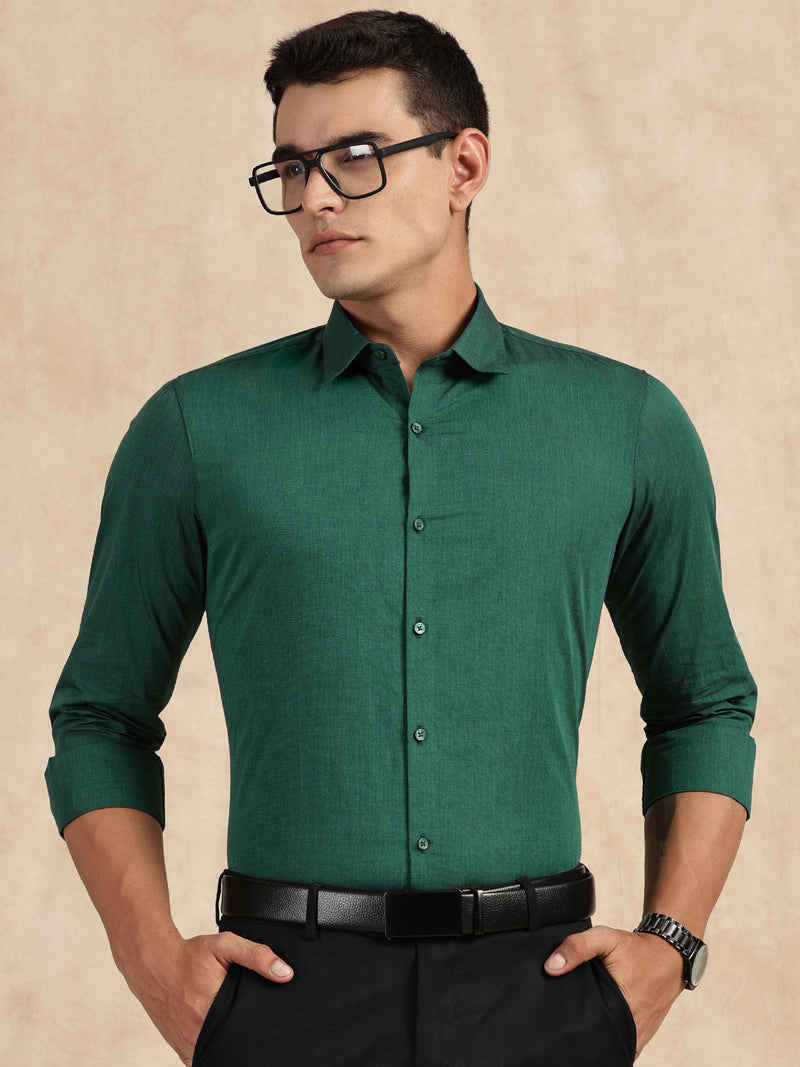 Thomas Scott Men Dark Green Slim Fit Long Sleeves Button-Down Collar Solid Filafil Formal Shirt