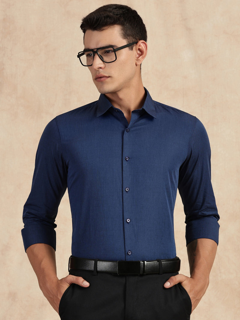 Thomas Scott Men Navy Slim Fit Long Sleeves Button-Down Collar Solid Filafil Formal Shirt