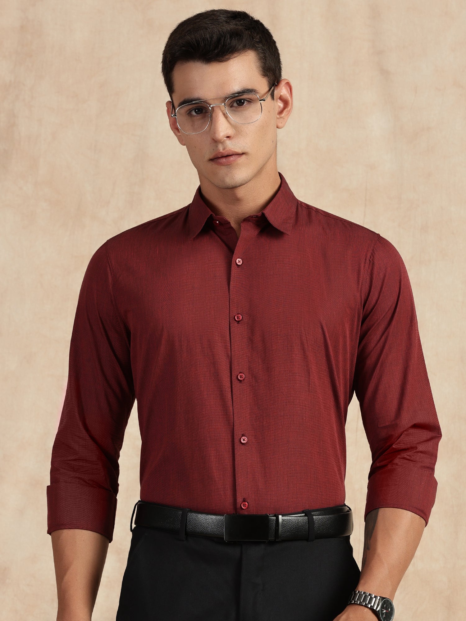Thomas Scott Men Red Slim Fit Long Sleeves Button-Down Collar Solid Filafil Formal Shirt