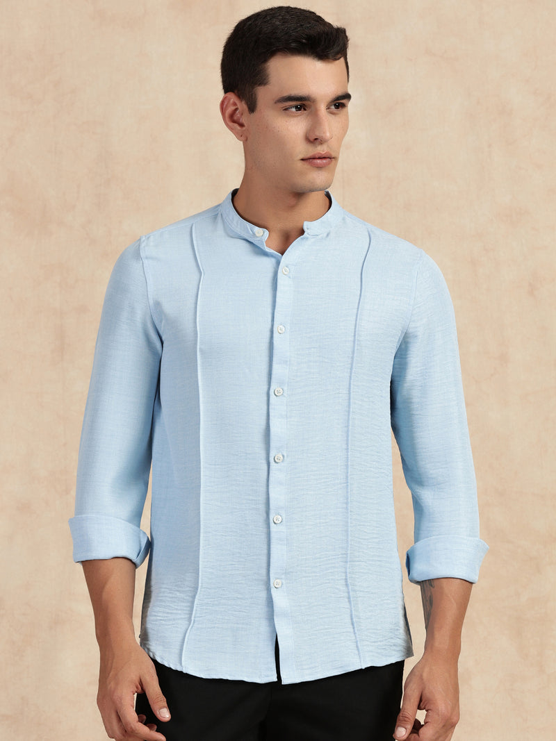 Thomas Scott Men Light Blue Slim Fit Long Sleeves Mandarin Collar Textured Casual Shirt