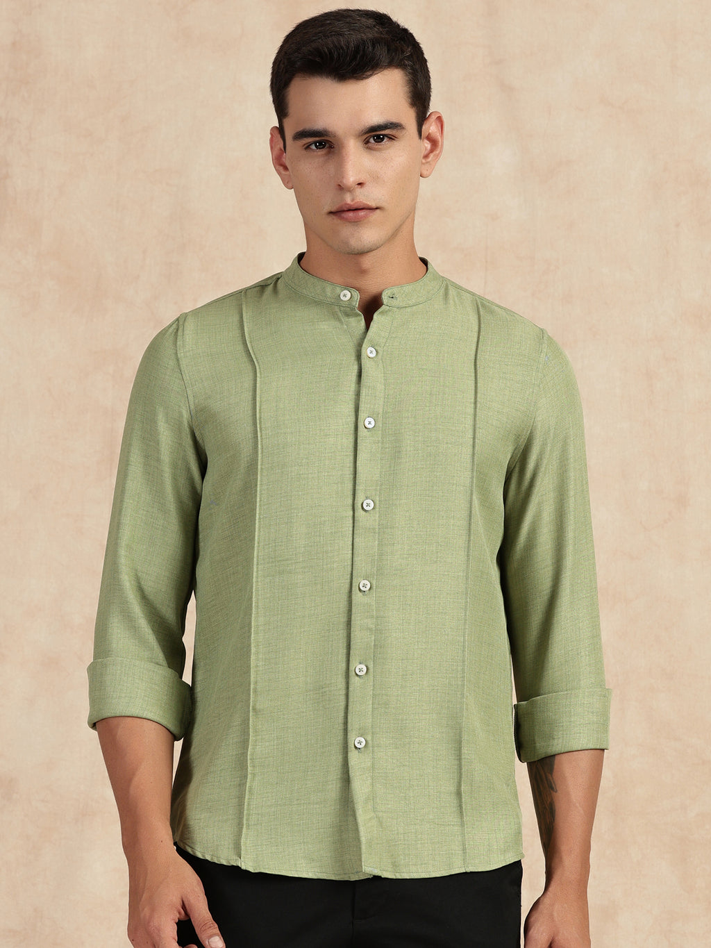 Thomas Scott Men Light Green Slim Fit Long Sleeves Mandarin Collar Textured Casual Shirt