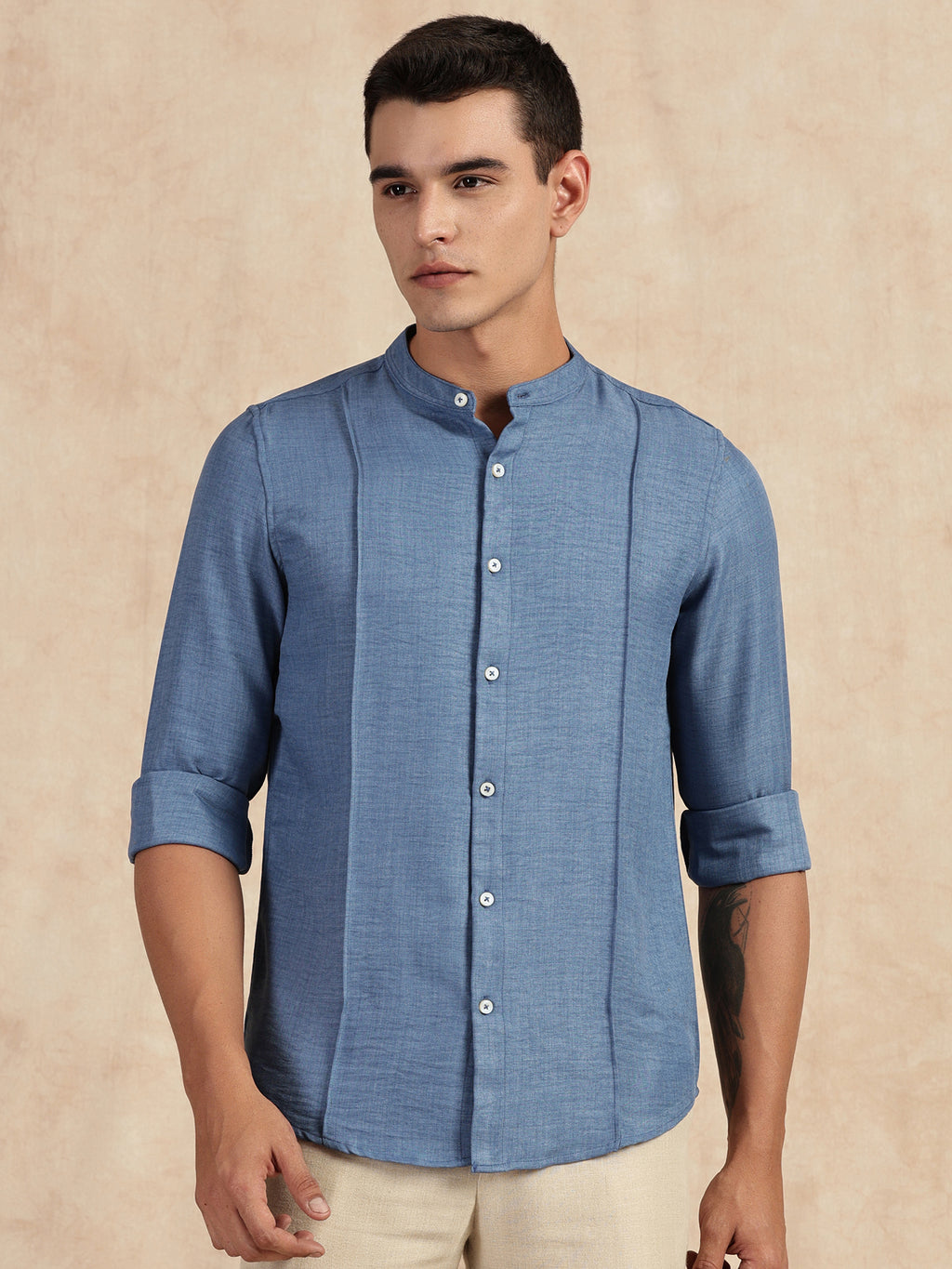 Thomas Scott Men Medium Blue Slim Fit Long Sleeves Mandarin Collar Textured Casual Shirt