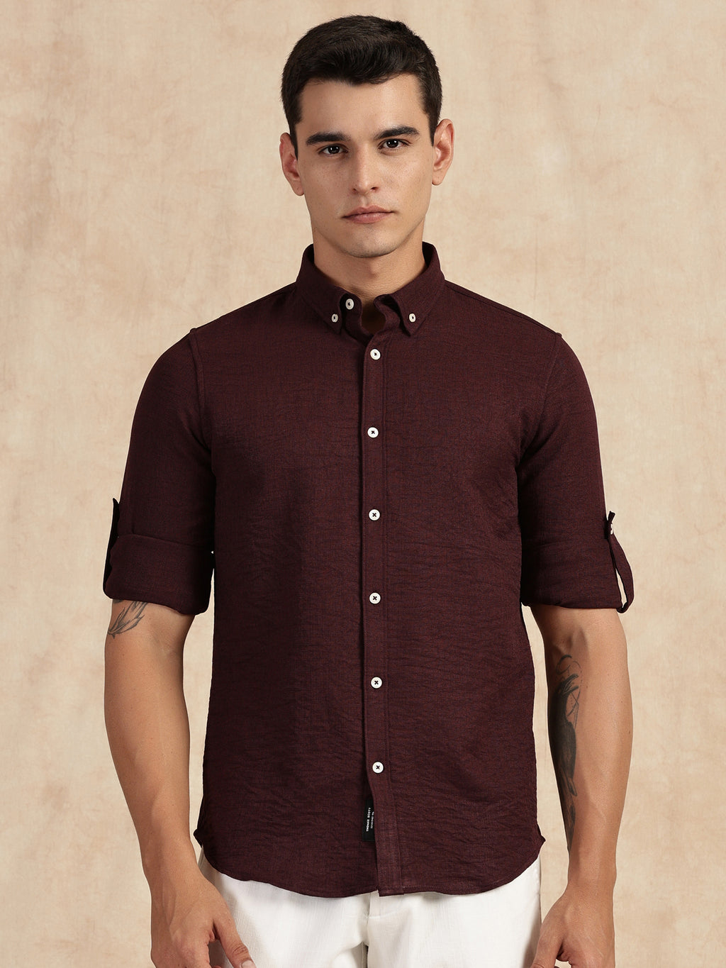 Thomas Scott Men Wine Slim Fit Long Sleeves Button-Down Collar Polyester Casual Shirt