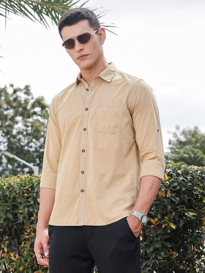 Thomas Scott Men Khaki Slim Fit Long Sleeves Spread Collar Filafil Casual Shirt