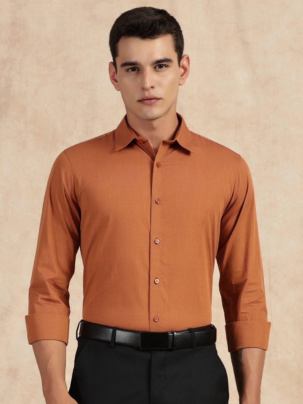 Thomas Scott Men Orange Slim Fit Long Sleeves Button-Down Collar Solid Filafil Formal Shirt