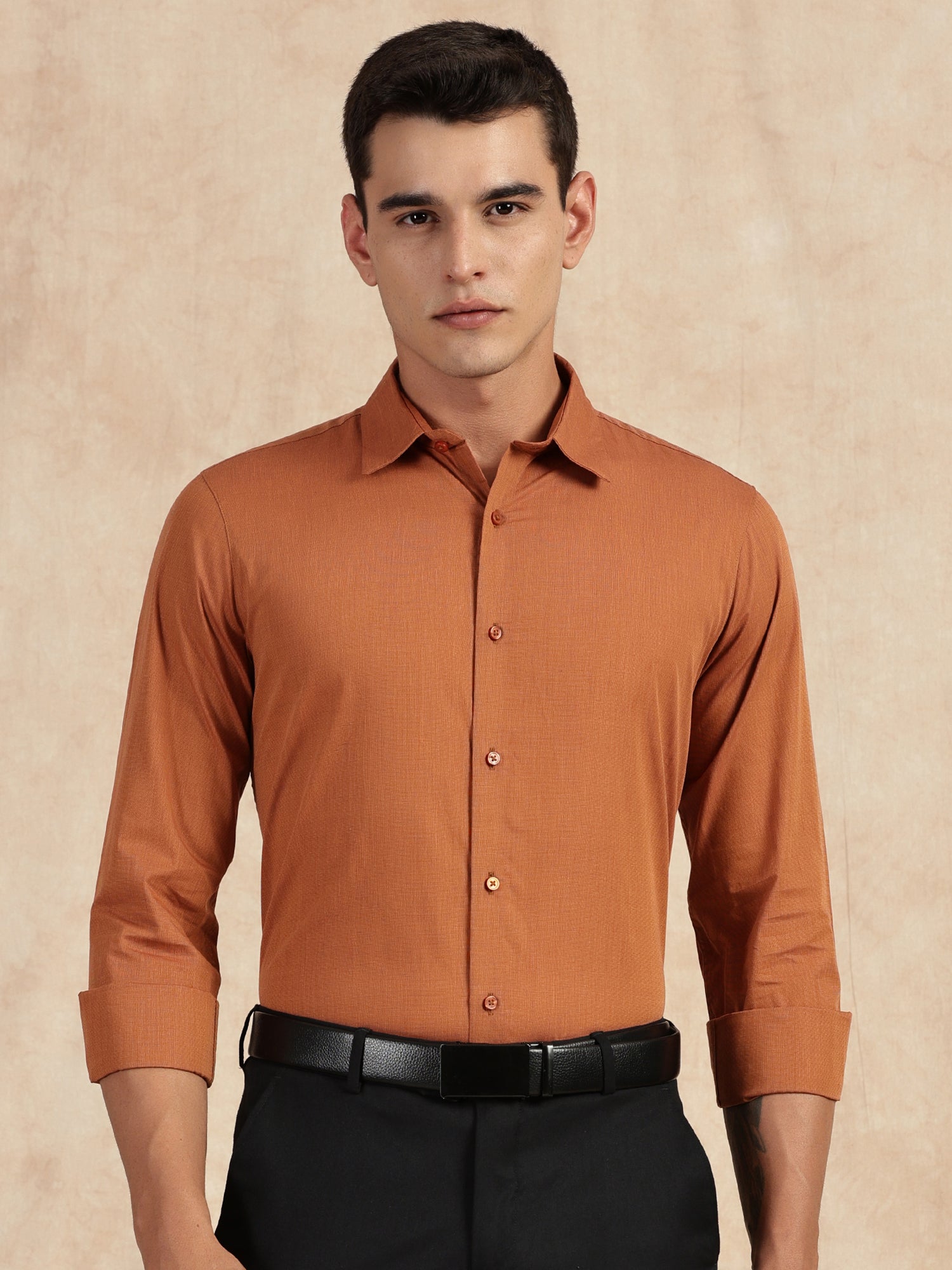 Thomas Scott Men Orange Slim Fit Long Sleeves Button-Down Collar Solid Filafil Formal Shirt