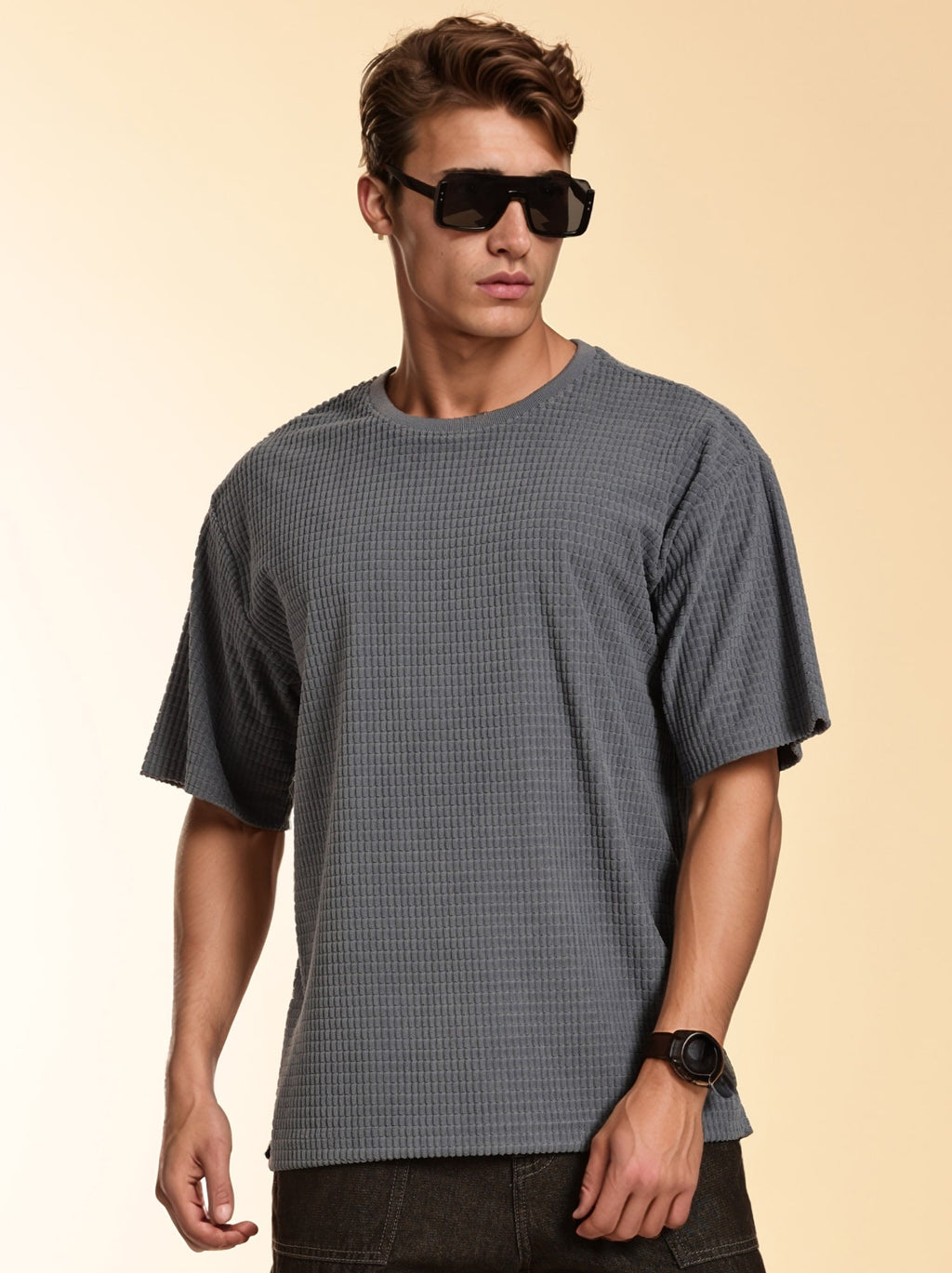 Thomas Scott Men Blue Towel Terry Oversized Short Sleeves Round Neck Solid Knitted Tshirt