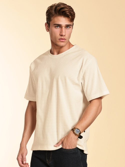 Thomas Scott Men White Towel Terry Oversized Short Sleeves Round Neck Solid Knitted Tshirt