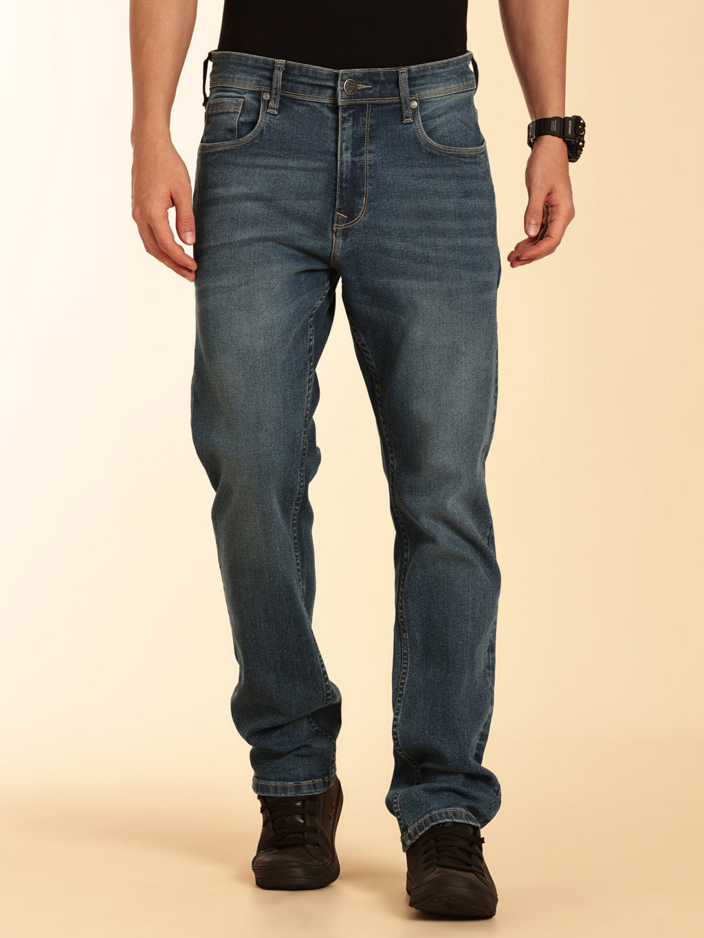 Thomas Scott Men Indigo Smart Straight Fit Mid-Rise Light Fade Stretchable Jeans
