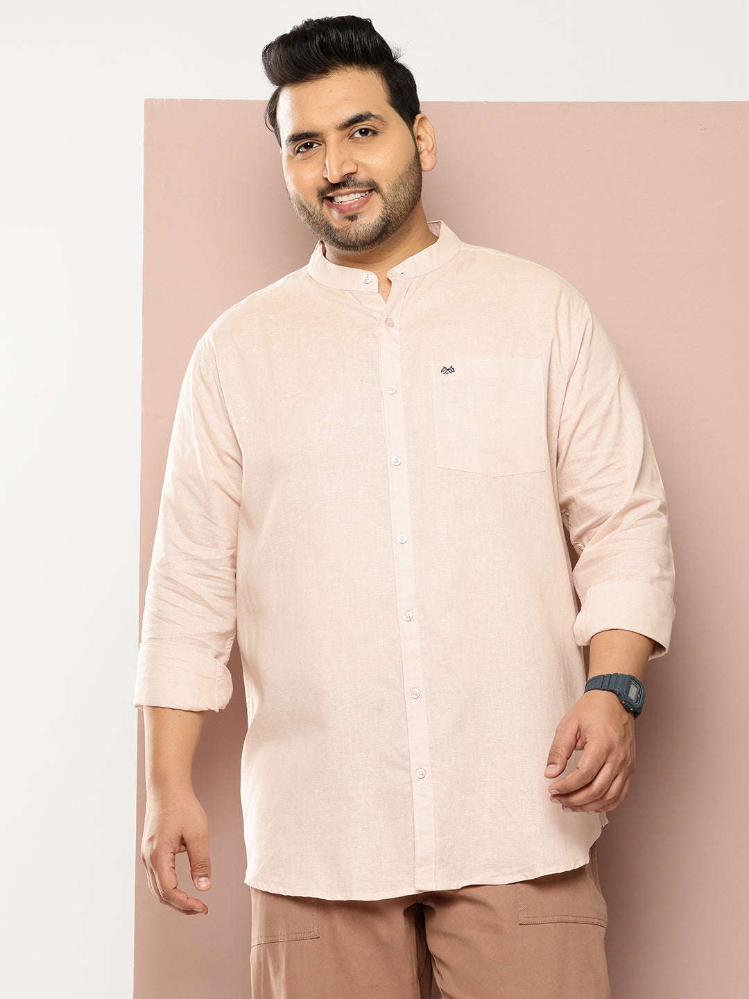 Thomas Scott Men Beige Premium Plus Size Regular Fit Long Sleeves Band Collar Solid Cotton Linen Casual Shirt