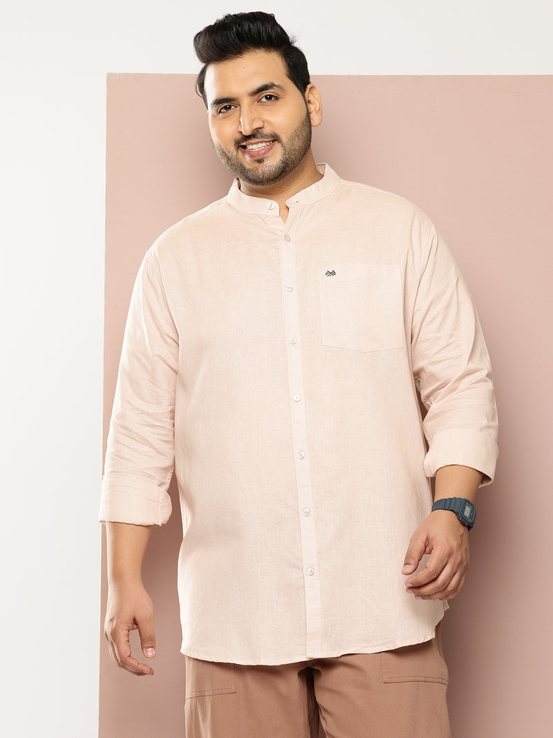 Thomas Scott Men Beige Premium Plus Size Regular Fit Long Sleeves Band Collar Solid Cotton Linen Casual Shirt