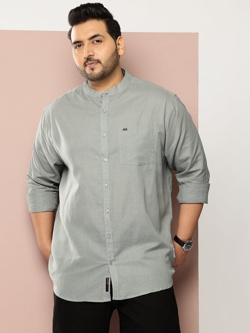 Thomas Scott Men Grey Premium Plus Size Regular Fit Long Sleeves Band Collar Solid Cotton Linen Casual Shirt