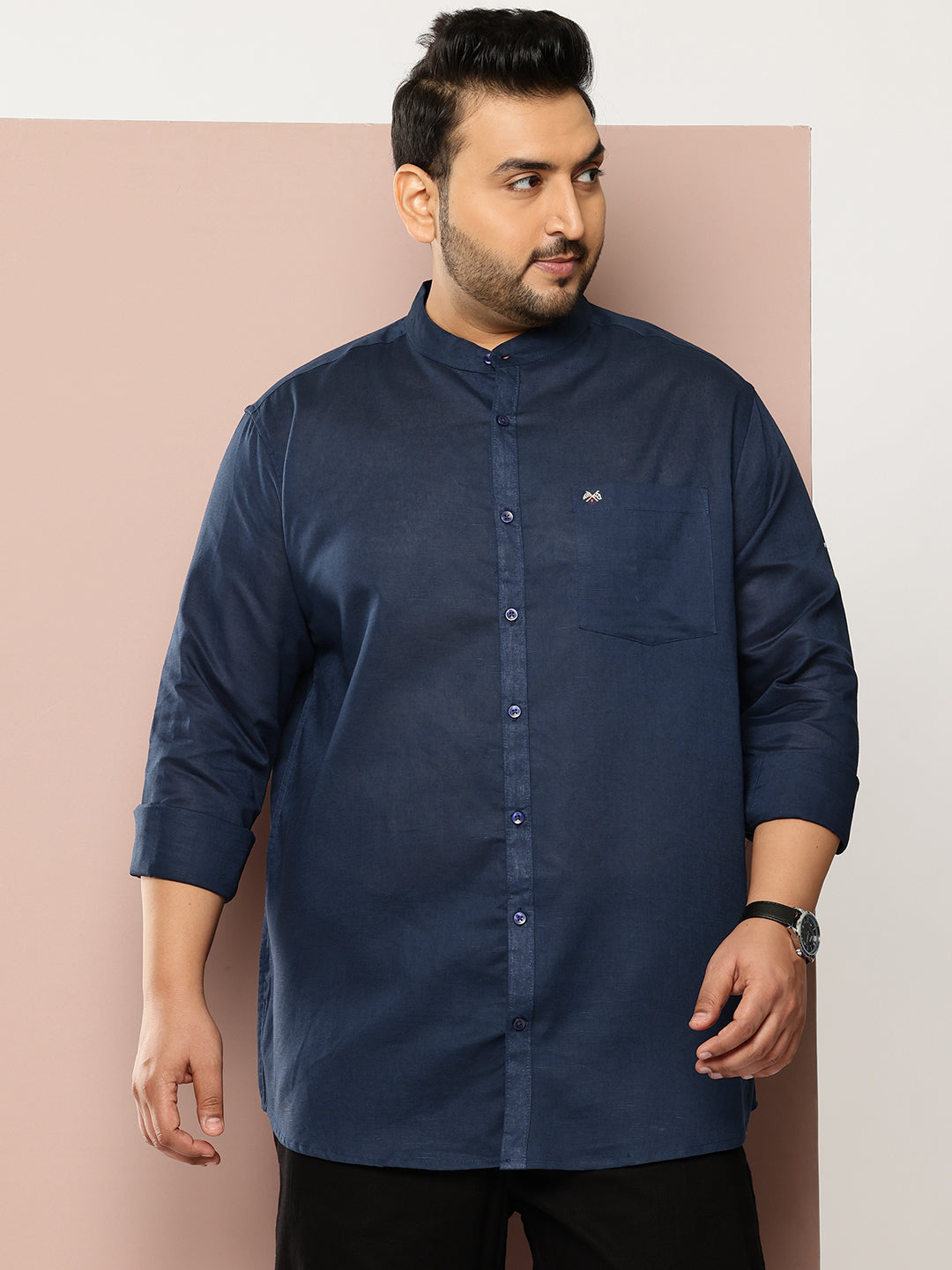 Thomas Scott Men Navy Premium Plus Size Regular Fit Long Sleeves Band Collar Solid Cotton Linen Casual Shirt
