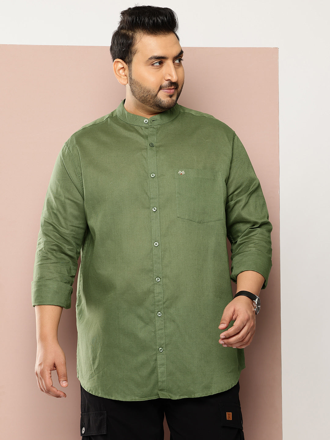 Thomas Scott Men Olive Premium Plus Size Regular Fit Long Sleeves Band Collar Solid Cotton Linen Casual Shirt